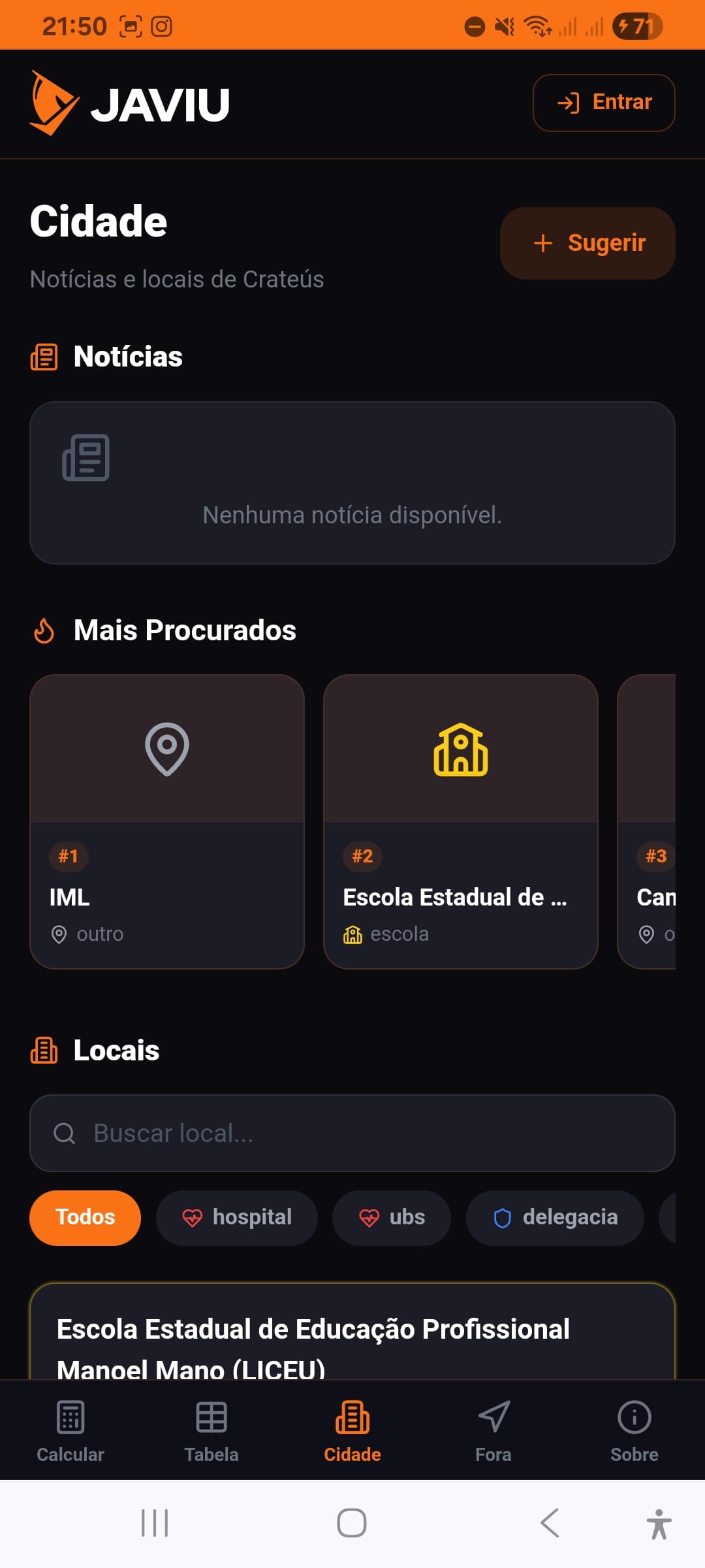 Tela do sistema Javiu